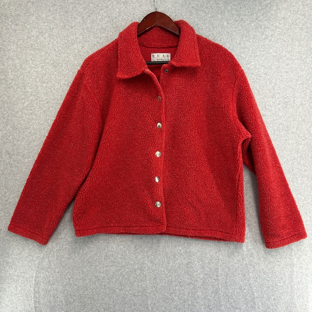 Real Comfort Fleece Jacket Red Sherpa Snap Front Outdoor Casual Womens Large
